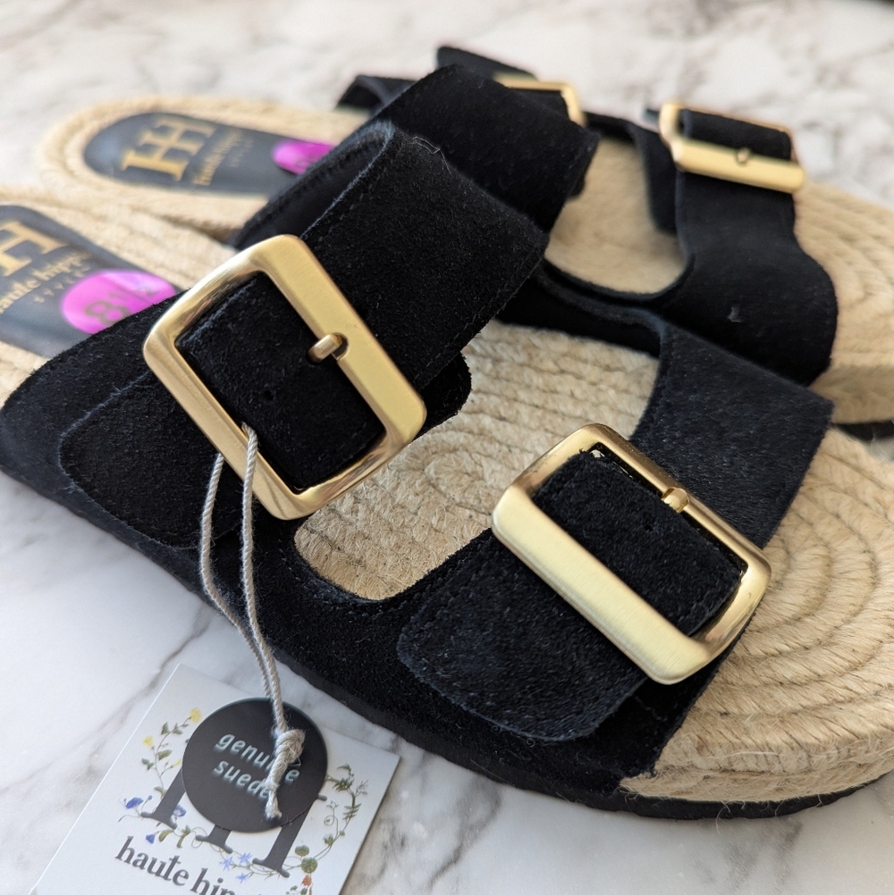 Haute Hippie Black Double Buckle Espadrille Slide Sandals NWT - Picture 5 of 7
